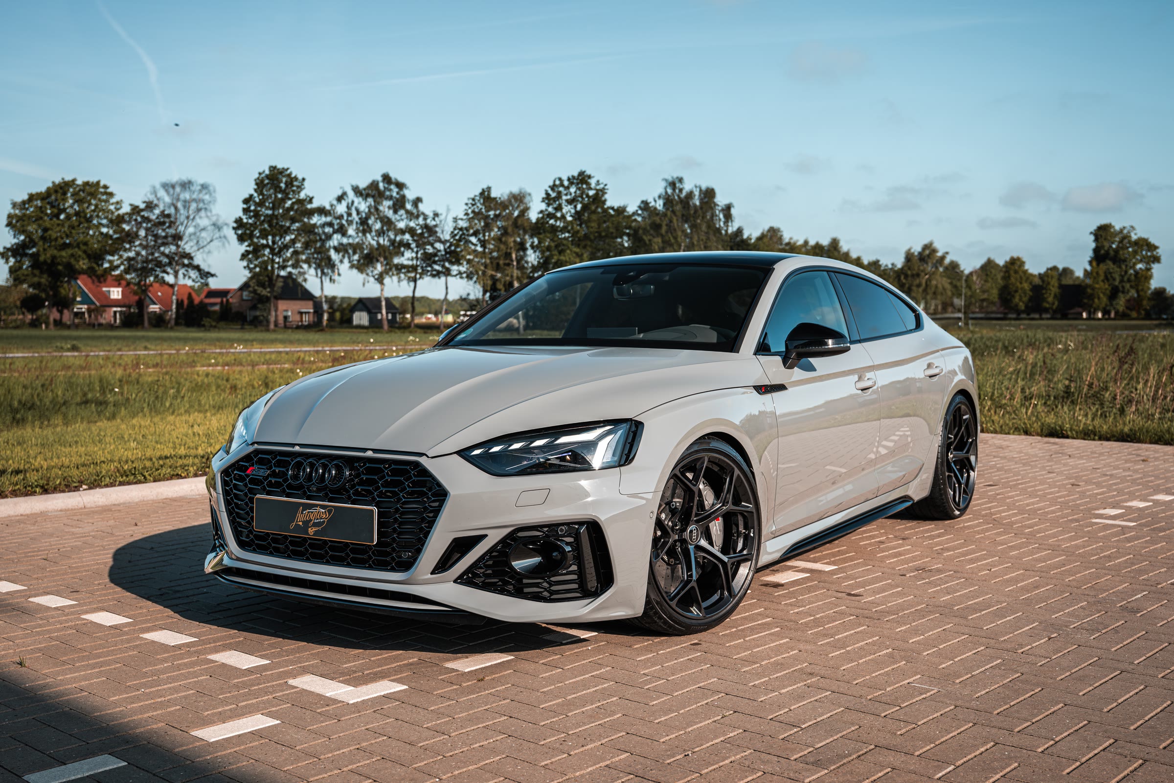 Grijze Audi RS5 op de oprit